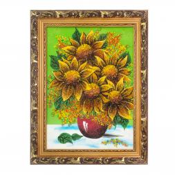 Картина с рисунком из камня "Подсолнухи в вазе" в багете 36х46 см зеленый фон