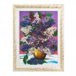 Картина с рисунком из камня "Сирень в вазе" в багете 36х46 см розовый фон