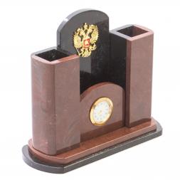 Часы настольные с карандашницей &quot;Герб РФ&quot; камень лемезит
