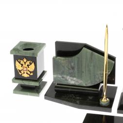 Настольный набор с гербом и флагом России камень офиокальцит