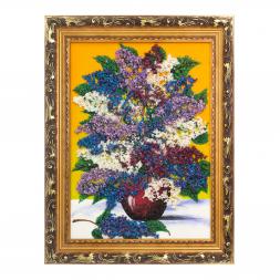 Картина с рисунком из камня "Сирень в вазе" в багете 36х46 см желтый фон