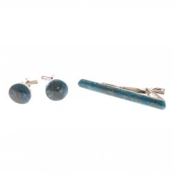 Набор запонки круглые и зажим для галстука камень голубой апатит