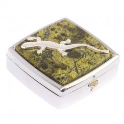 Таблетница на 2 отделения с ящерицей камень змеевик цвет серебро