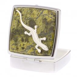 Таблетница на 2 отделения с ящерицей камень змеевик цвет серебро