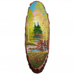 Панно на срезе дерева "Осенний пейзаж" вертикальное 105-110 см каменная крошка