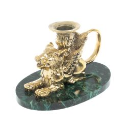 Настольный подсвечник "Грифон" из бронзы и темно-зеленого змеевика