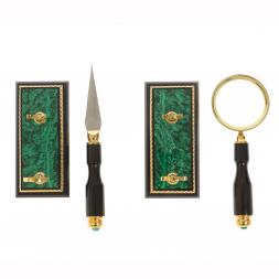 Канцелярский набор лупа и нож "Малахит" в подарочной коробке Златоуст