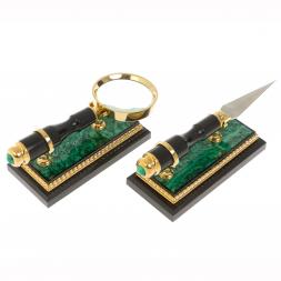 Канцелярский набор лупа и нож "Малахит" в подарочной коробке Златоуст