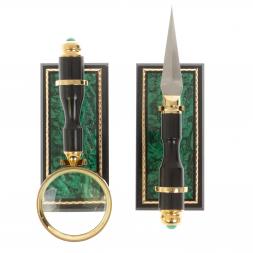 Канцелярский набор лупа и нож "Малахит" в подарочной коробке Златоуст