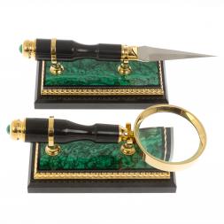 Канцелярский набор лупа и нож "Малахит" в подарочной коробке Златоуст