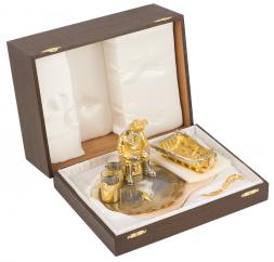 Подарочная икорница со стопками "Рыбак с санями" камень агат Златоуст