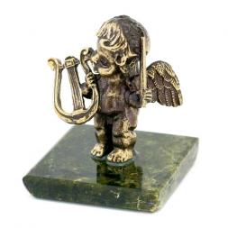 Статуэтка "Ангелочек с арфой" бронза змеевик