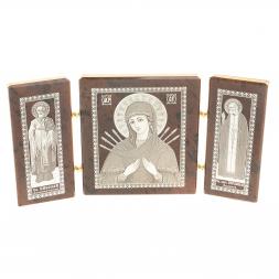 Икона складная триптих "Семистрельная БМ, Св. Николай, Св. Серафим" камень обсидиан