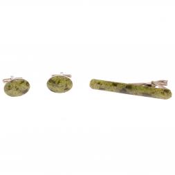 Набор запонки овальные и зажим для галстука камень змеевик