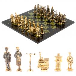 Бронзовые шахматы &amp;quot;Железнодорожники&amp;quot; доска 40х40 см змеевик