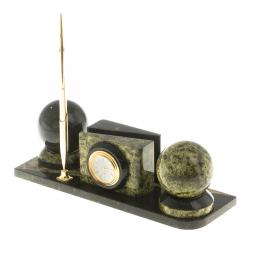 Мини-набор с часами "Два шара" из камня змеевик