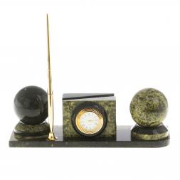 Мини-набор с часами "Два шара" из камня змеевик