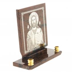 Икона настольная "Спаси и сохрани" из обсидиана с подсвечниками