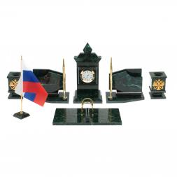 Настольный канцелярский набор с гербом и флагом России камень змеевик