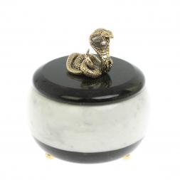 Шкатулка круглая "Кобра" из черного змеевика и мрамора