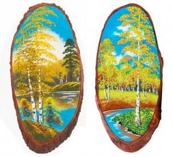 Панно на срезе дерева "Осень" вертикальное 55-60 см каменная крошка