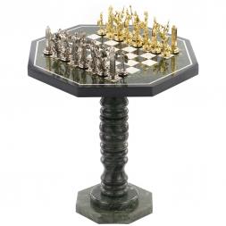 Шахматный стол из камня "Греческая мифология" мрамор змеевик фигуры металл