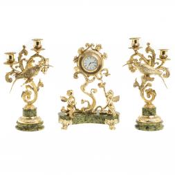 Каминные часы "Ангелы" с канделябрами бронза камень змеевик