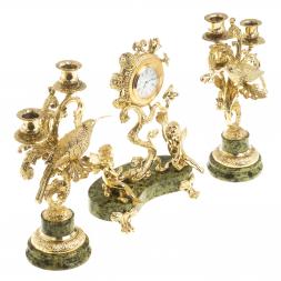 Каминные часы "Ангелы" с канделябрами бронза камень змеевик