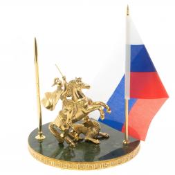 Статуэтка "Георгий Победоносец" с флагом РФ на нефрите 20х20х27 см
