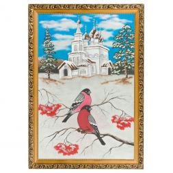 Картина "Церковь и снегири" багет 46х66 см, каменная крошка