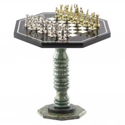 Шахматный стол из камня с металлическими фигурами "Древний Рим"
