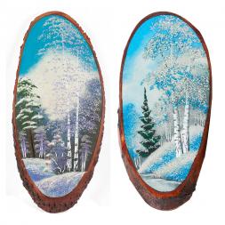 Панно на срезе дерева "Зима" вертикальное 50-55 см каменная крошка