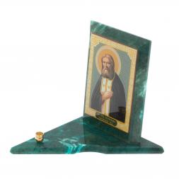 Икона с подсвечником Серафим Саровский средняя из змеевика 12х12х13 см