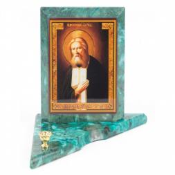 Икона с подсвечником Серафим Саровский средняя из змеевика 12х12х13 см