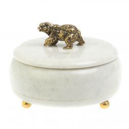 Шкатулка круглая &amp;quot;Медведь&amp;quot; из белого мрамора 15х15х11 см