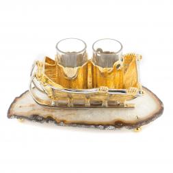 Набор икорница и 2 стопки для водки "Сани" камень агат Златоуст