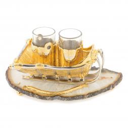 Набор икорница и 2 стопки для водки "Сани" камень агат Златоуст