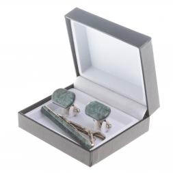 Набор запонки закругленные и зажим для галстука камень зеленый апатит