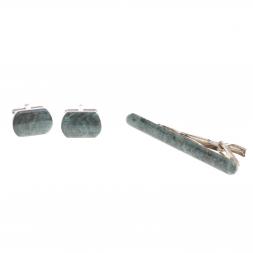 Набор запонки закругленные и зажим для галстука камень зеленый апатит