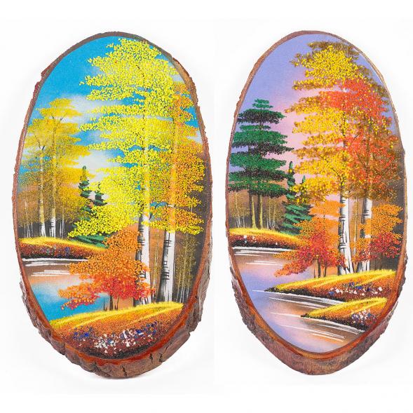 Панно на срезе дерева &amp;quot;Осень&amp;quot; вертикальное 30-35 см каменная крошка 112235