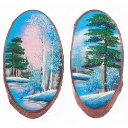 Панно на срезе дерева "Зима" вертикальное 30-35 см каменная крошка