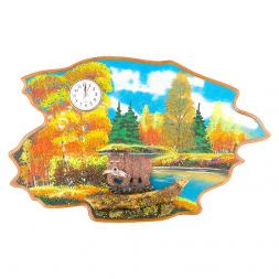 Часы с картиной "Медведь с рыбой осень" 50х32 см каменная крошка