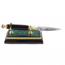 Канцелярский нож для бумаг на подставке из малахита в подарочной коробке