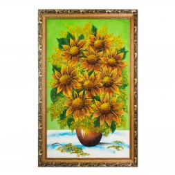 Картина с рисунком из камня "Подсолнухи в вазе" багет 59х89 см зеленый фон