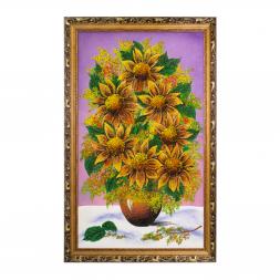 Картина с рисунком из камня "Подсолнухи в вазе" бает 59х89 см сиреневый фон